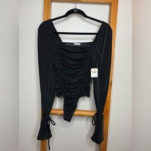Intimately Free People Black Ruched Bodysuit with Tie Accents